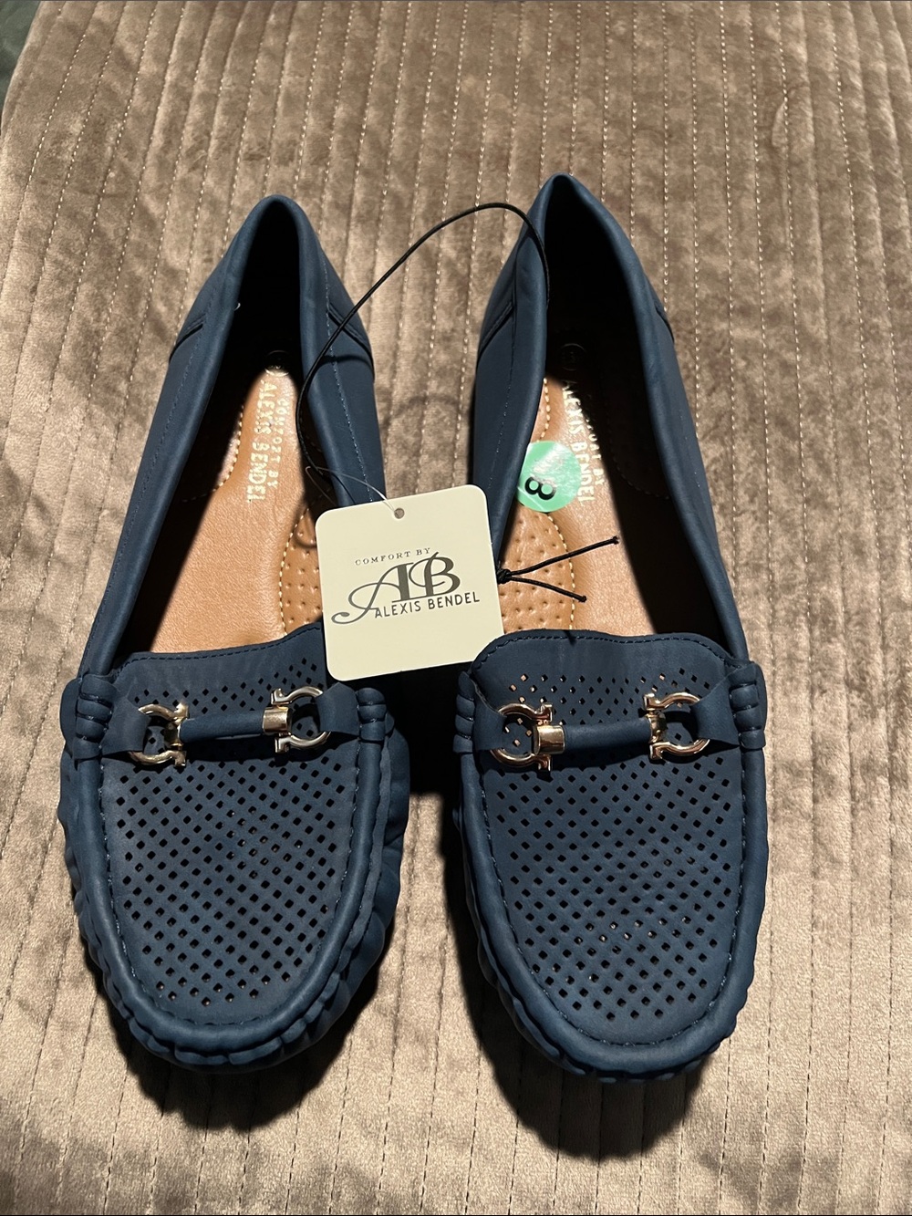 Alexis B. Navy Perforated Moccasin Loafers with Gold Bit